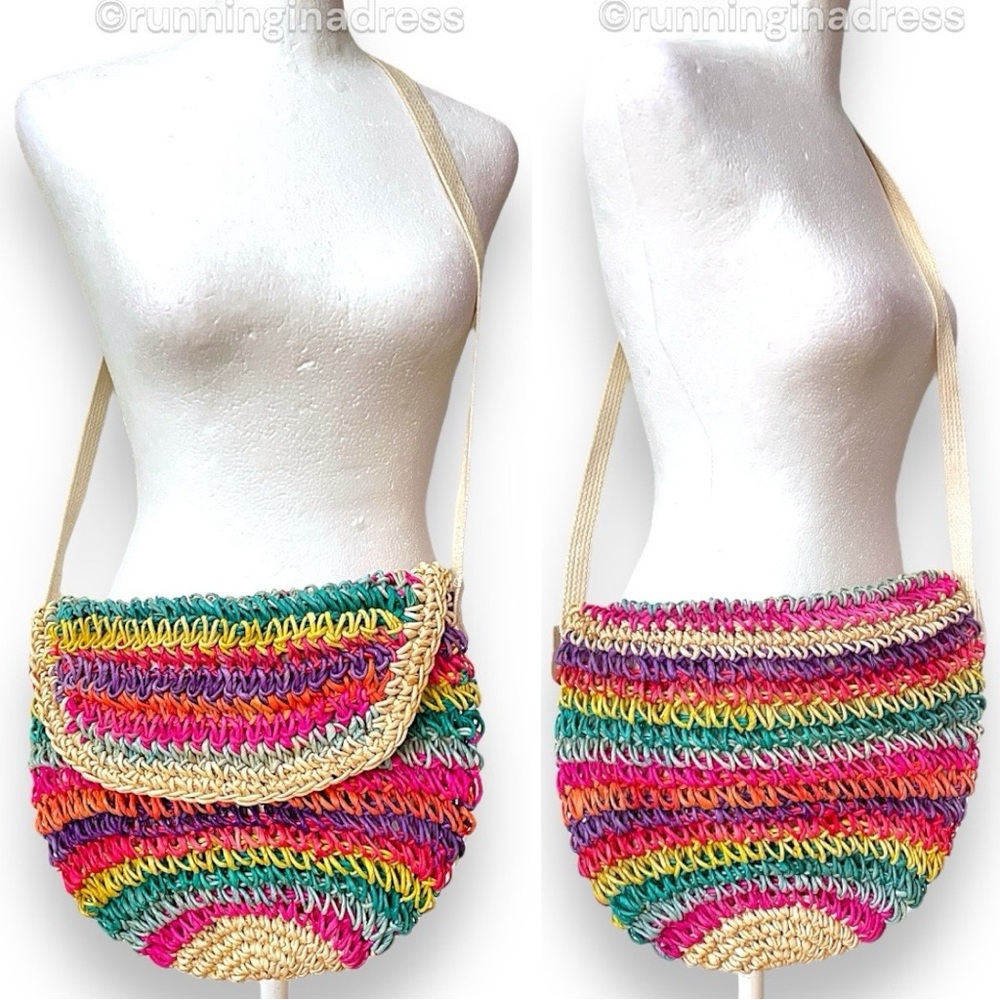 Vintage Large 80s Rainbow Striped Woven Straw Bag With Canvas Crossbody Strap.